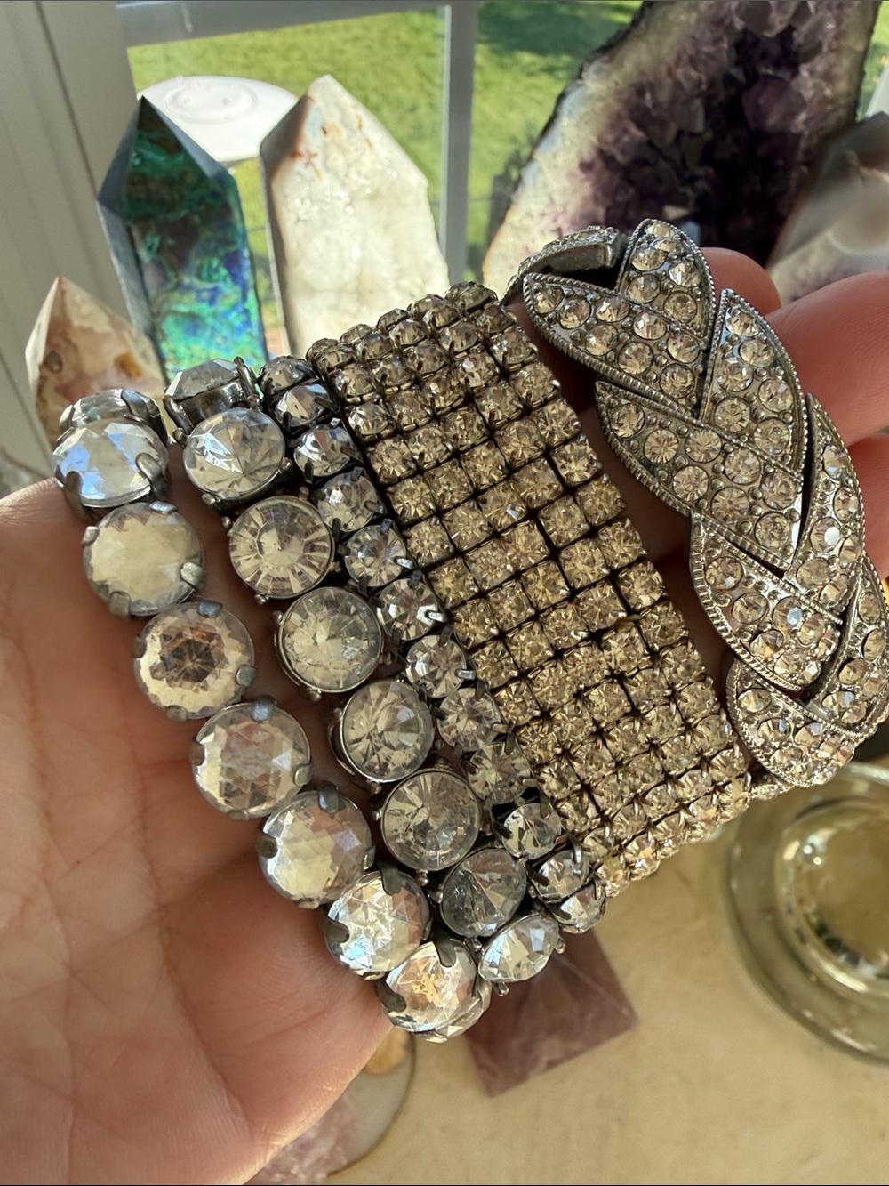 Vintage Rhinestone Crystal Multi-Row Silver-Tone Stretch Bracelet Set Stack